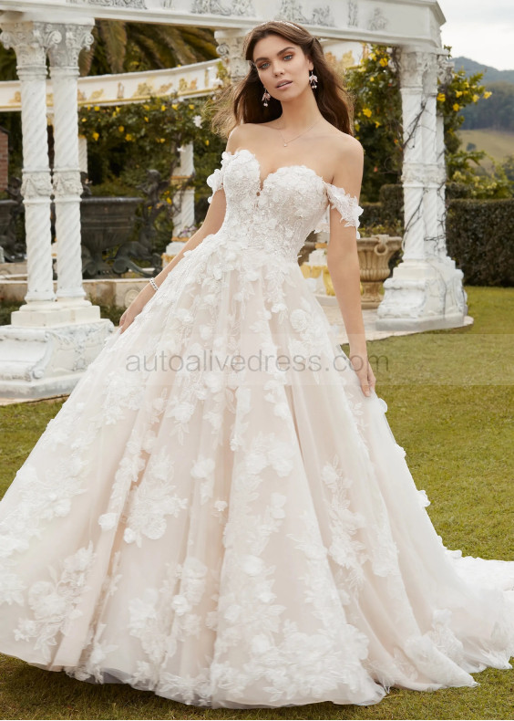 Beaded Ivory Lace Tulle Fairytale Wedding Dress With Detachable Straps